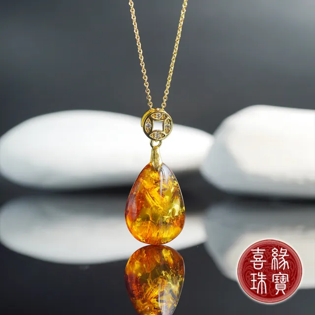 【喜緣玉品】天然琥珀 璀璨花珀 水滴型 花意圓滿 項鍊(隨機出貨)