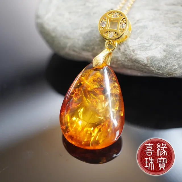 【喜緣玉品】天然琥珀 璀璨花珀 水滴型 花意圓滿 項鍊(隨機出貨)