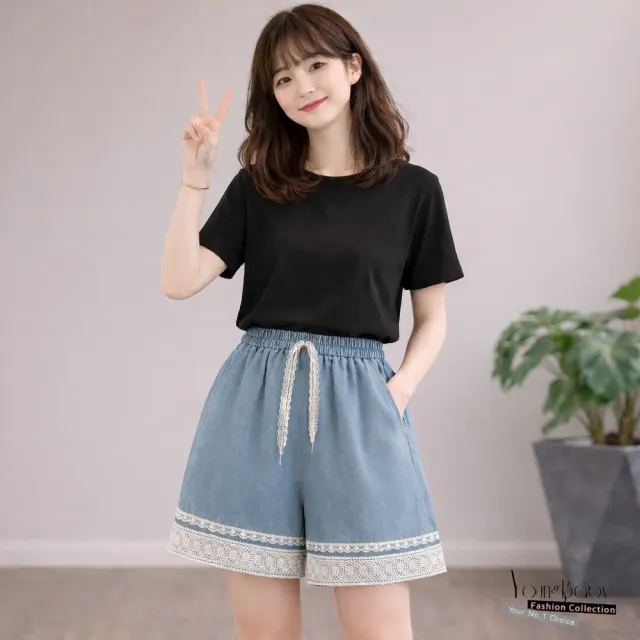 【YOUNGBABY】下擺蕾絲花邊綁帶鬆緊牛仔五分褲 中大尺碼女裝