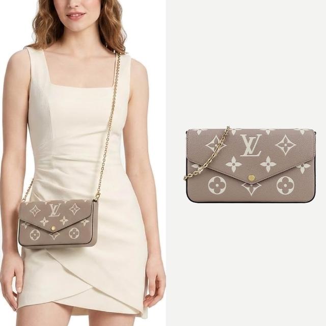 經典LV Pochette Felicie系列斜揹包，採用卡其色帆布與皮革材質，簡約素面設計，完美融合歐系精品風格，適合女性日常搭配使用