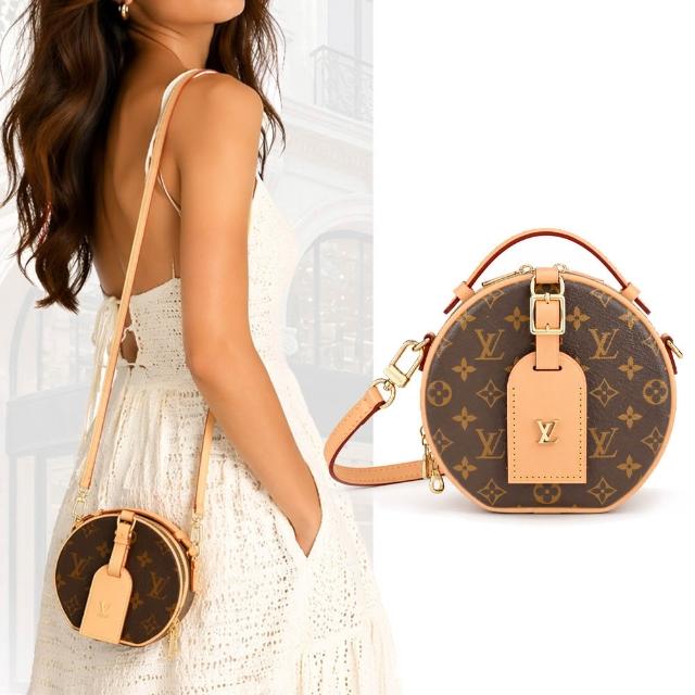 【Louis Vuitton 路易威登】M44699 Mini Boite Chapeau 帆布印花皮革吊牌迷你圓形斜背包(卡其棕)