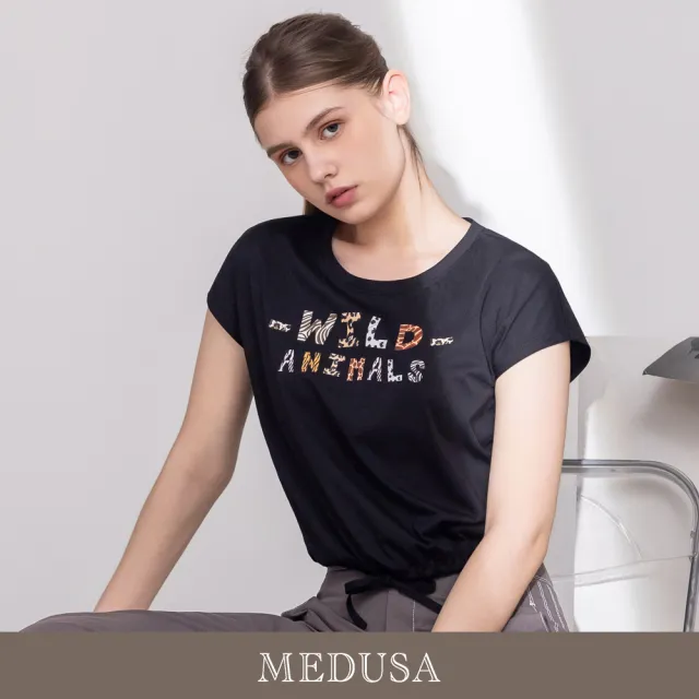 【MEDUSA 曼度莎】現貨-Wild 豹紋字母抽繩短版T恤 - 2色（M-L）｜蠶絲混紡 短版T恤 休閒上衣