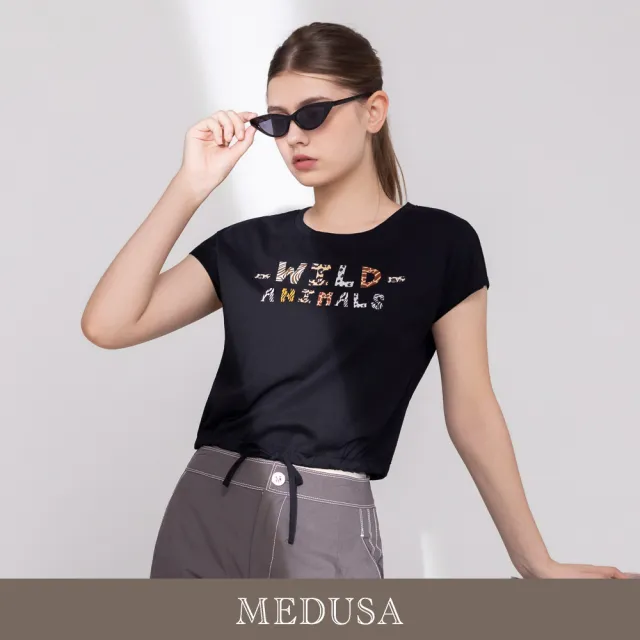 【MEDUSA 曼度莎】現貨-Wild 豹紋字母抽繩短版T恤 - 2色（M-L）｜蠶絲混紡 短版T恤 休閒上衣