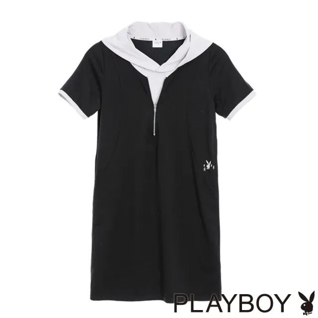 【PLAYBOY】隕石灰連帽撞色H洋裝 - 黑色
