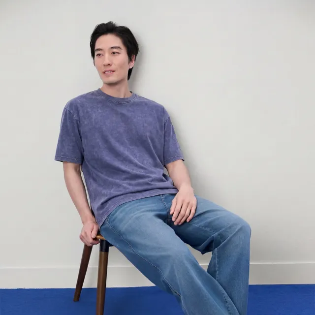 【GIORDANO 佐丹奴】男裝重磅平紋石洗雪花復古短袖T恤(63 靛槐藍)