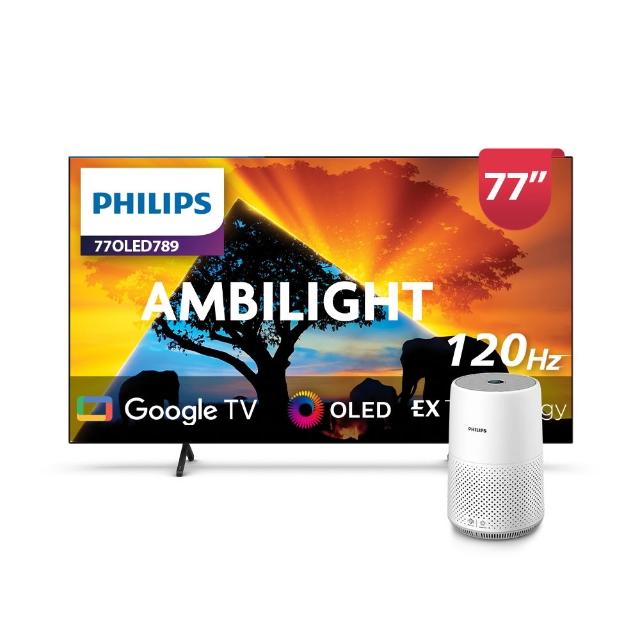  飛利浦 PHILIPS 77OLED789 77吋 4K OLED 平面智慧電視，搭載 Google TV 系統，提供流暢的智慧聯網體驗。支援 WiFi 傳輸、語音聲控、藍芽遙控、場景模式，以及熱門應用如 Disney+、Netflix、YouTube、愛奇藝。解析度達 4K，配備 HDMI 2.1、USB 2.0 介面，支援手機平板鏡射、杜比音效、Dolby Atmos、HDR10+ 與 120Hz 更新率，呈現 99% 色域的絕佳畫質。適用於居家娛樂，原廠 3 年保固（商業/公共場所一年，依原廠規定）。 