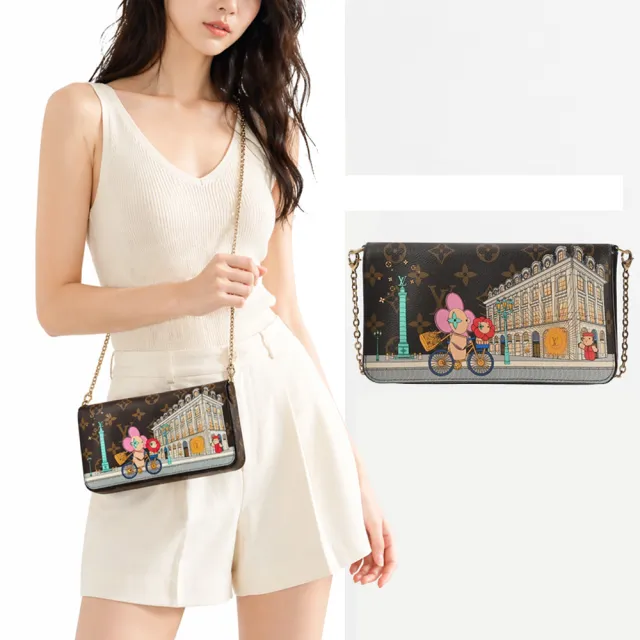 【Louis Vuitton 路易威登】M81545 限量MINI POCHETTE吉祥物巴黎凡登廣場帆布晚宴包(粉紅)