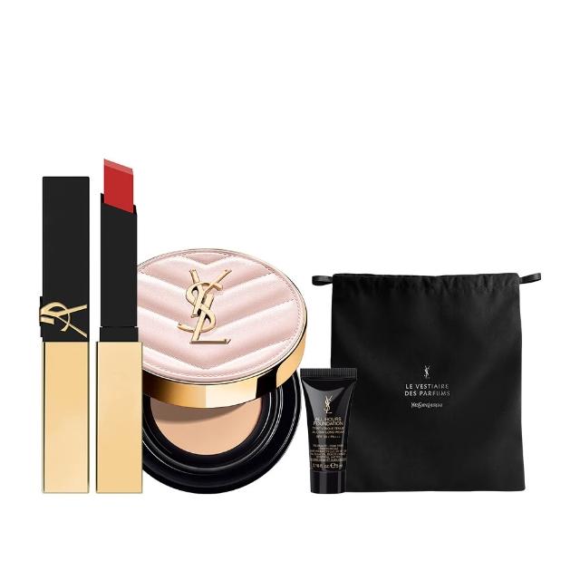 【YSL】官方直營 超模光感奢華彩妝組(超模光感精華水氣墊+奢華煙管柔霧唇膏)