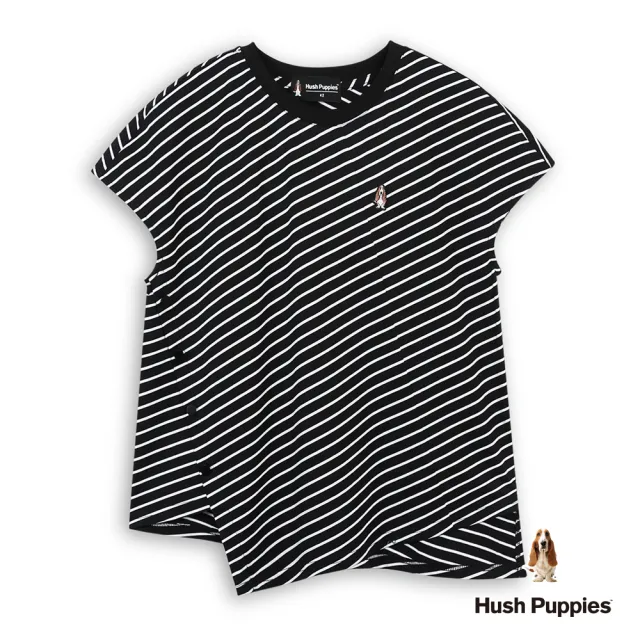 【Hush Puppies】女裝 上衣 造型剪裁條紋刺繡小狗上衣 (黑色 / 63210107)