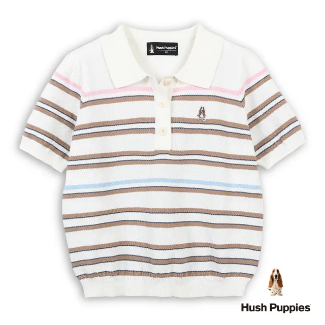 【Hush Puppies】女裝 線衫 配色橫條紋刺繡小狗線衫 (米白 / 63213104)