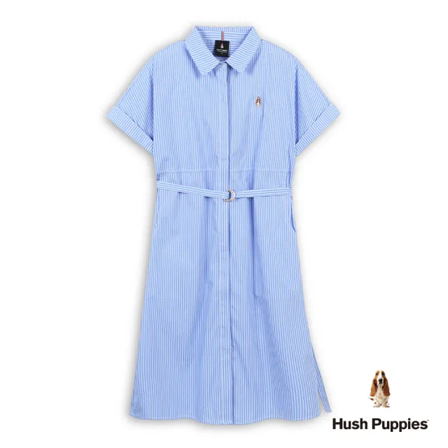 【Hush Puppies】女裝 洋裝 知性直條紋刺繡小狗寬袖洋裝 (淺藍 / 63215106)