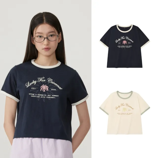 【COVERNAT】女款夏季圖案滾邊短袖T恤(WMS短袖上衣 象牙白/海軍藍色)