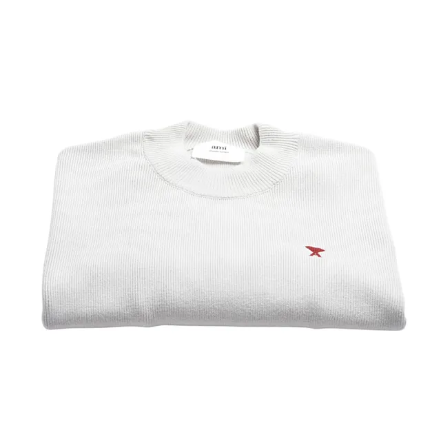 【AMI PARIS】經典紅刺繡A字長袖棉 T 恤(香草白)