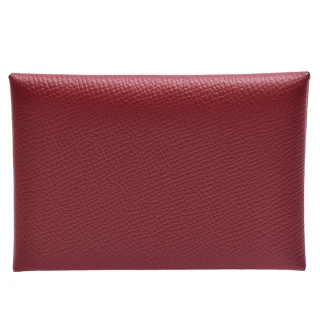 【Hermes 愛馬仕】經典calvi duo撞色牛皮折疊暗釦名片/零錢包(酒紅/粉色)