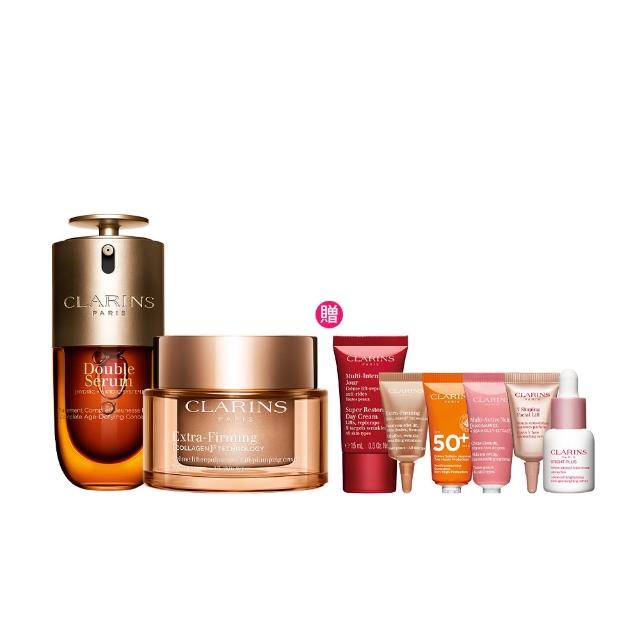 【CLARINS 克蘭詩】黃金雙萃精華30ml+煥顏緊緻膠原日霜50ml(保濕膠原注入組 抗老 彈嫩)