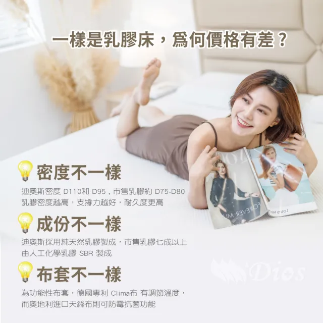 【迪奧斯】單人加大20cm天絲表布防蹣抗菌全乳膠床墊3.5x6.2尺-頂級款D95