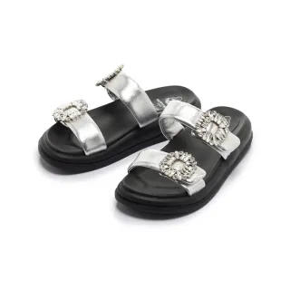 【FAIR LADY】日本京都聯名 HAPPYFACE 時尚閃亮方鑽飾釦厚底拖鞋(銀/1G3159 女鞋)