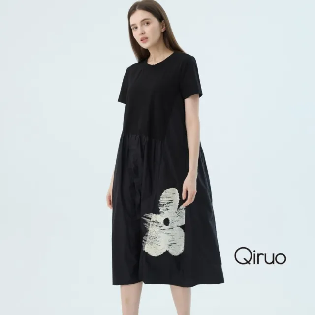 【Qiruo 奇若名品】春夏專櫃黑色精緻洋裝7186F 雙布料拼接