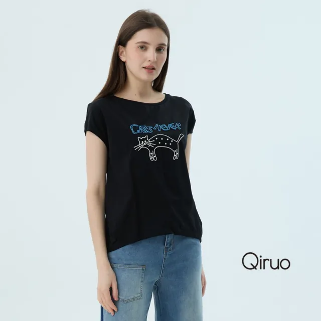 【Qiruo 奇若名品】專櫃女裝黑色上衣7313A貓咪圖 
