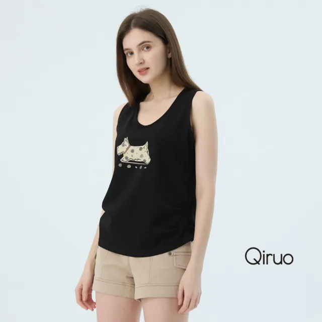 【Qiruo 奇若名品】專櫃女裝黑色背心上衣7316D狗狗圖 