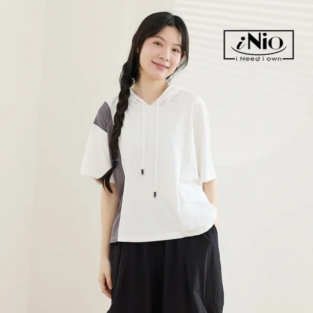 【iNio 衣著美學】單側拼接連帽短袖上衣 異材質拼接設計 抽繩帽T 寬鬆落肩棉T  CHW1006