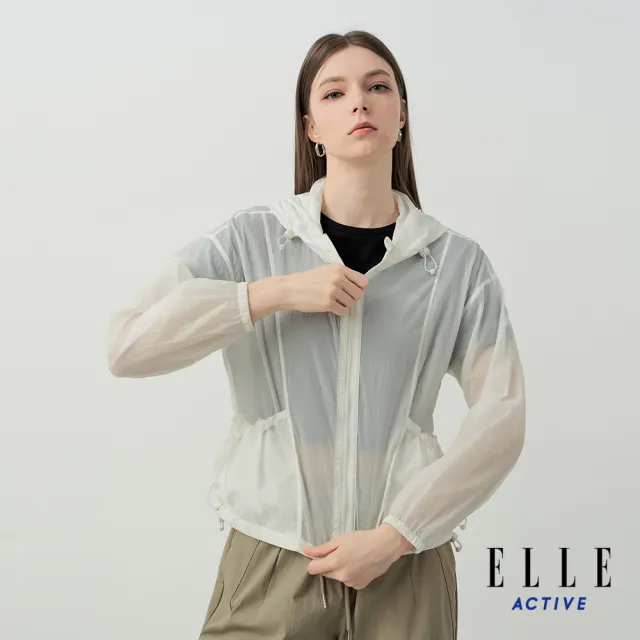 【ELLE ACTIVE】女款 輕量抗UV抽繩顯瘦連帽防曬外套-珍珠白色(EA26S2W6102-91)