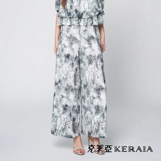 【KERAIA 克萊亞】魅力價-墨染雲霧蕾絲壓皺亮片寬褲(附腰帶)