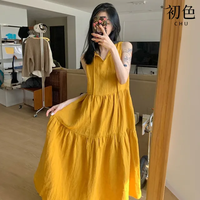 【初色】棉麻風格純色圓領綁帶寬鬆無袖連衣裙連身洋裝長裙-黃色-50375(M-2XL可選)