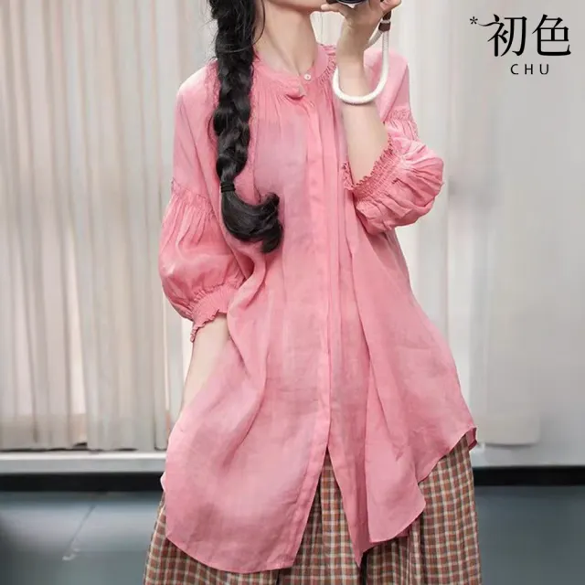 【初色】文藝棉麻風純色立領七分袖中長款寬鬆襯衫上衣女上衣-粉色-50334(M-2XL可選)