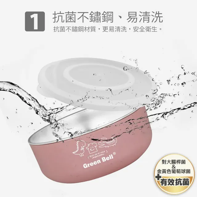 【GREEN BELL 綠貝】304不鏽鋼抗菌兒童碗2入組-附密封蓋及湯匙(三色碗 幼童 開學 安全 防燙隔熱 SGS)