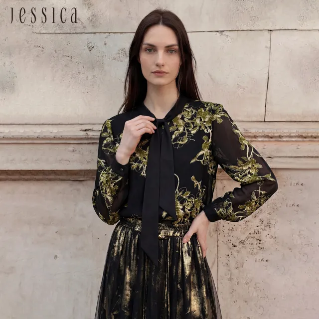 【JESSICA】復古印花雪紡飄帶長袖襯衫J62302