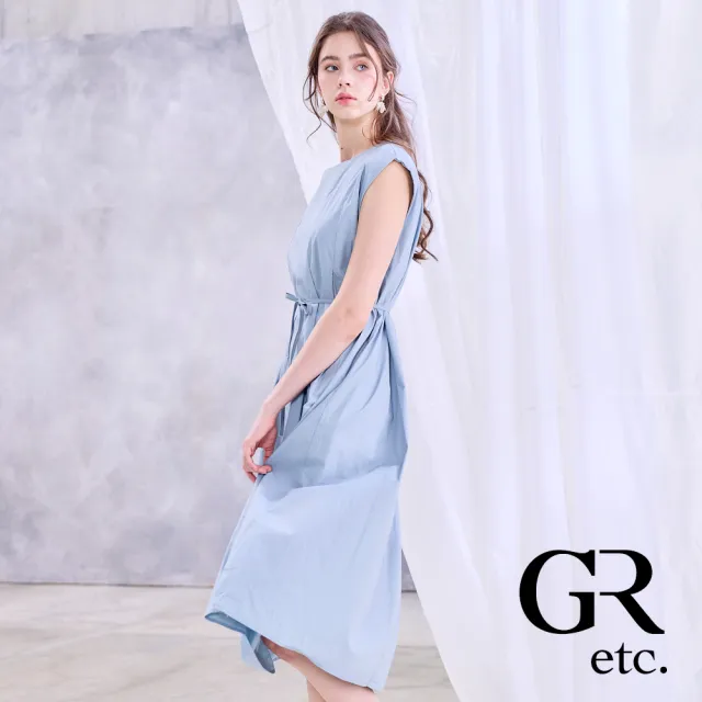 【GLORY21】實體同步款-etc.簡約高腰壓褶無袖長版洋裝-藍色(附腰帶)