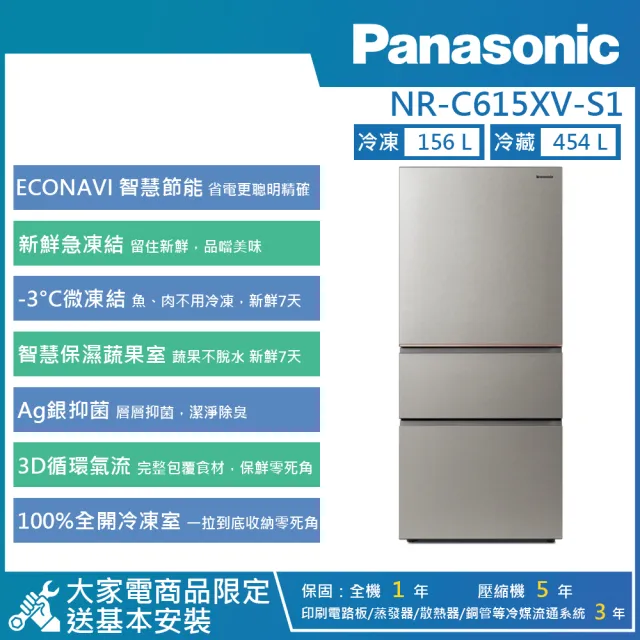 【Panasonic 國際牌】610公升 一級能效智慧節能變頻右開三門無邊框絲絨鋼板冰箱(NR-C615XV)