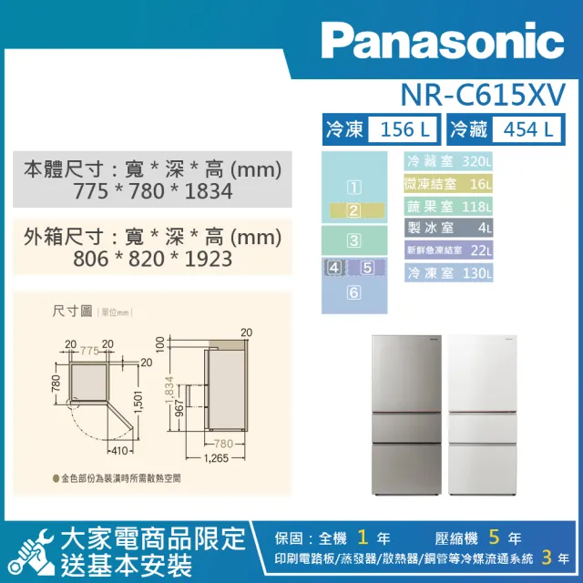 【Panasonic 國際牌】610公升 一級能效智慧節能變頻右開三門無邊框絲絨鋼板冰箱(NR-C615XV)