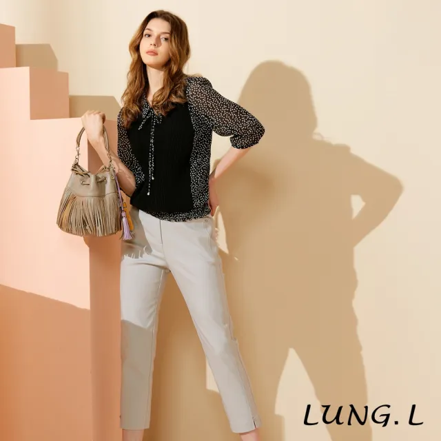 【LUNG.L 林佳樺】LU34A 黑色前片壓褶拼接波點雪紡七分袖上衣