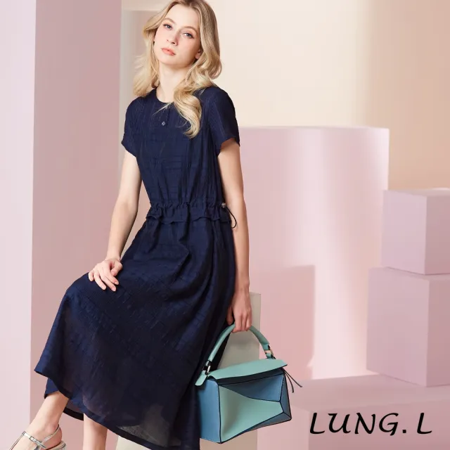 【LUNG.L 林佳樺】LU50H 深藍色收腰抽繩設計提花短袖洋裝