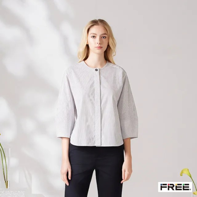 【FREE】純棉直紋拼接七分袖襯衫
