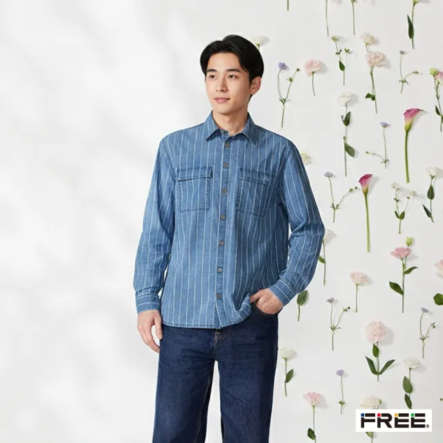 【FREE】INDIGO雙口袋刺繡男版牛仔襯衫