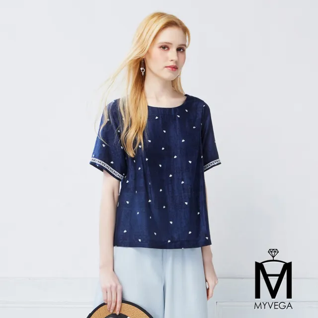 【MYVEGA 麥雪爾】MA天絲立體剪裁愛心印花上衣-深藍(女上衣/短袖上衣/純棉T)