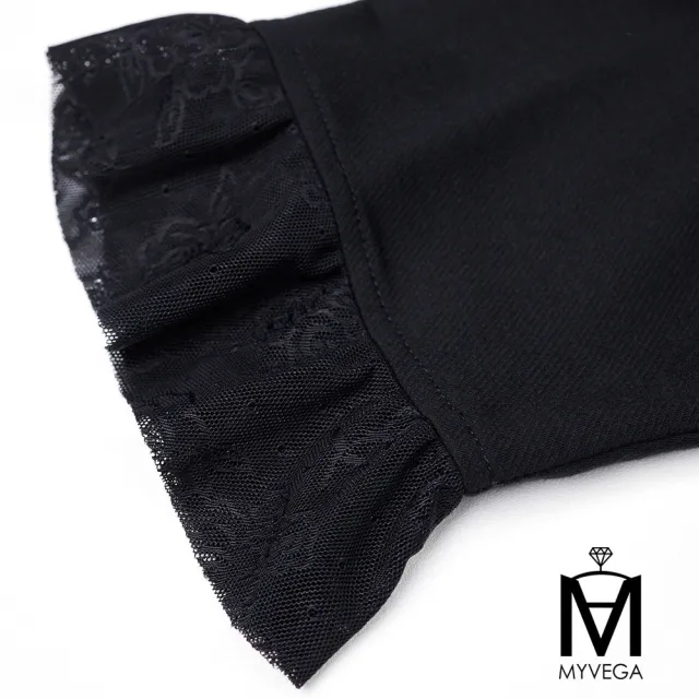 【MYVEGA 麥雪爾】MA氣質多剪裁蕾絲七分袖長洋裝-黑(素色洋裝/連身洋裝/女洋裝)