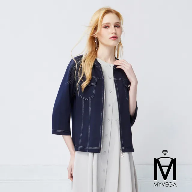 【MYVEGA 麥雪爾】MA修身剪裁七分袖M字拉鍊外套-深藍(女上衣/小香風外套)