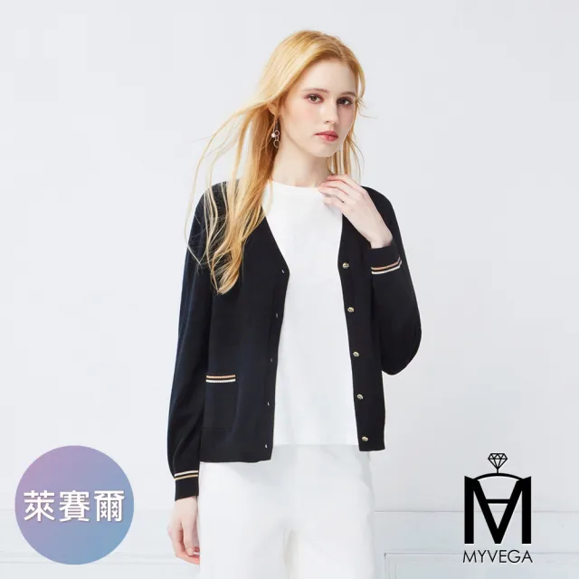 【MYVEGA 麥雪爾】MA萊賽爾撞色條紋口袋針織外套-黑