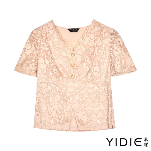 【YIDIE】浪漫金絲蕾絲造型金釦上衣-桔粉