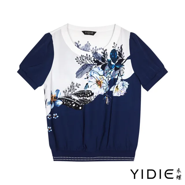 【YIDIE】知性優雅對比花卉印花短袖上衣-藍