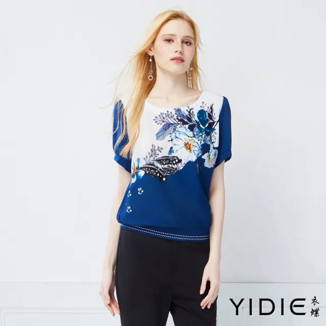 【YIDIE】知性優雅對比花卉印花短袖上衣-藍