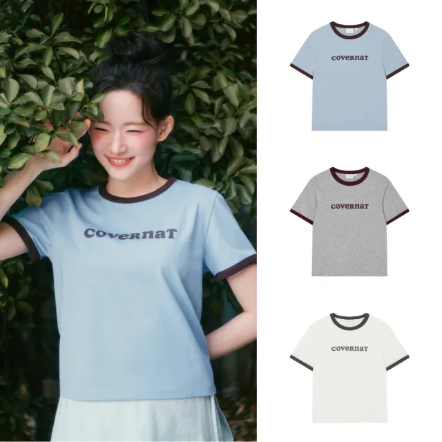 【COVERNAT】官方旗艦館 女款Logo滾邊T恤(WMS短袖上衣 YOON JI同款 霧藍/象牙白/混灰色)