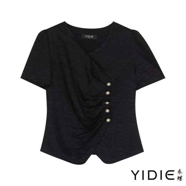 【YIDIE】典雅側排造型金釦抓褶蕾絲上衣-黑