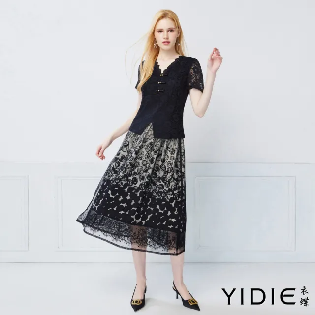 【YIDIE】V領中式造型鈕結蕾絲上衣-黑