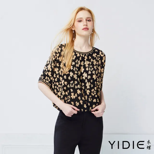 【YIDIE】滿版花卉亮鑽上衣-黑