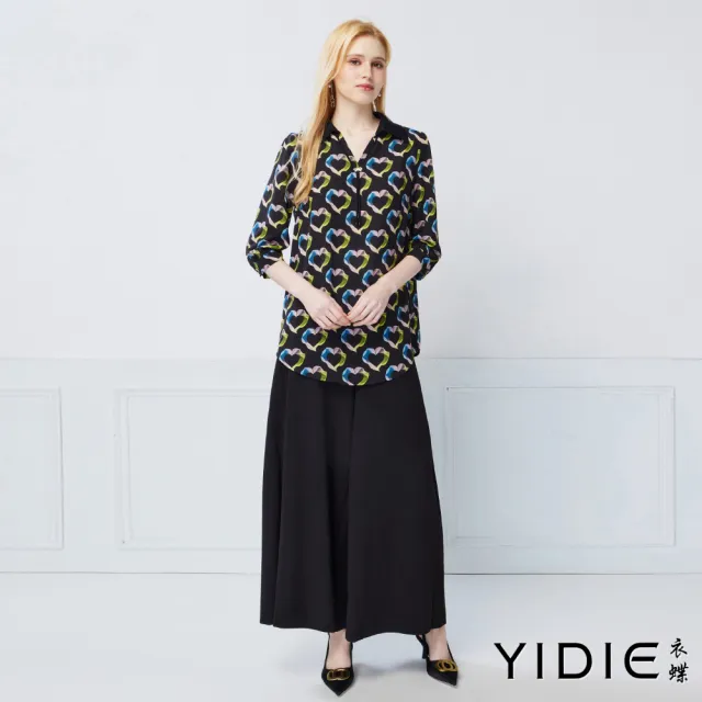 【YIDIE】浪漫律動彩虹愛心幾何印花襯衫領上衣-黑